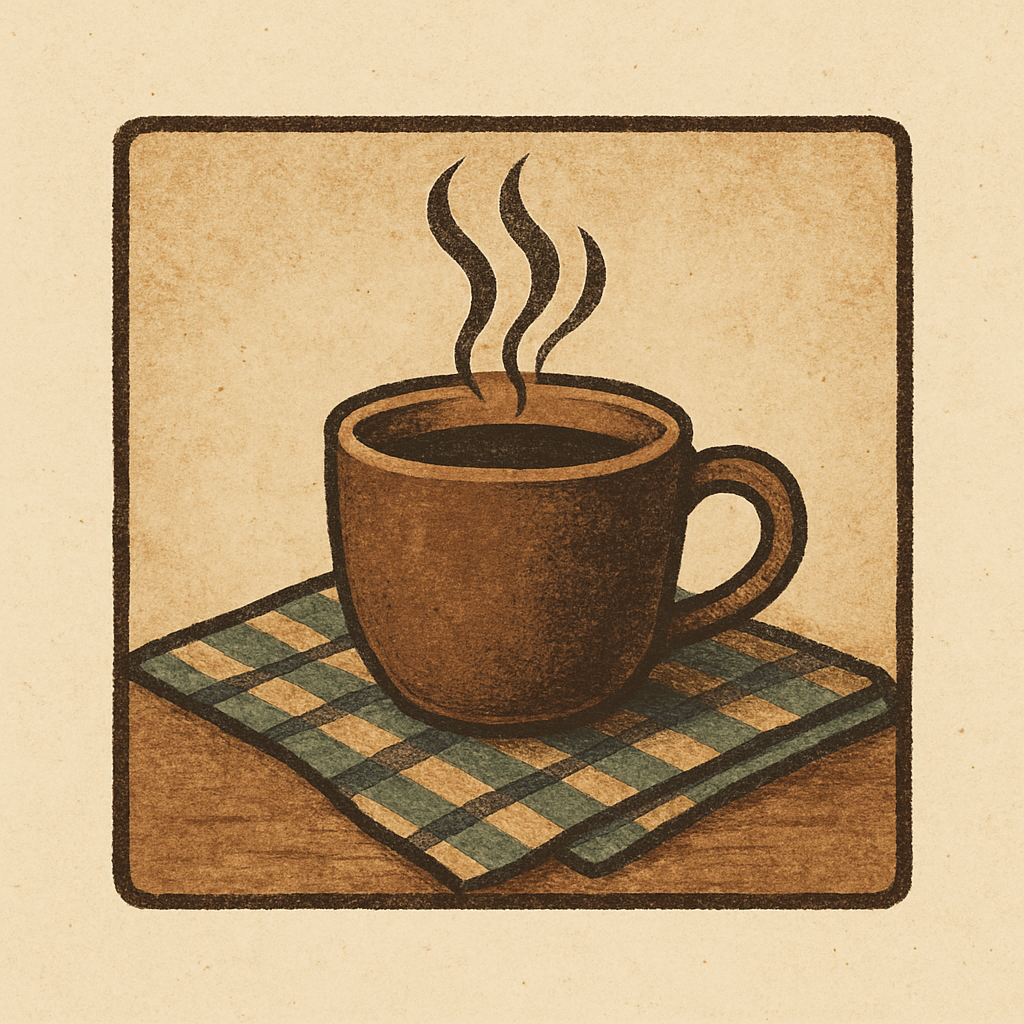 Steaming coffee cup on a checkered towel