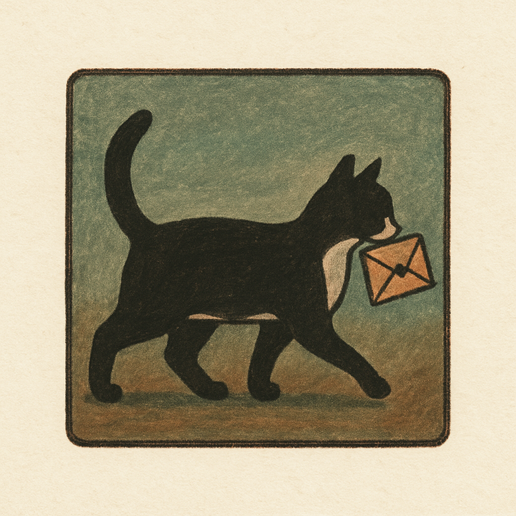 Tuxedo cat silhouette carrying a clue