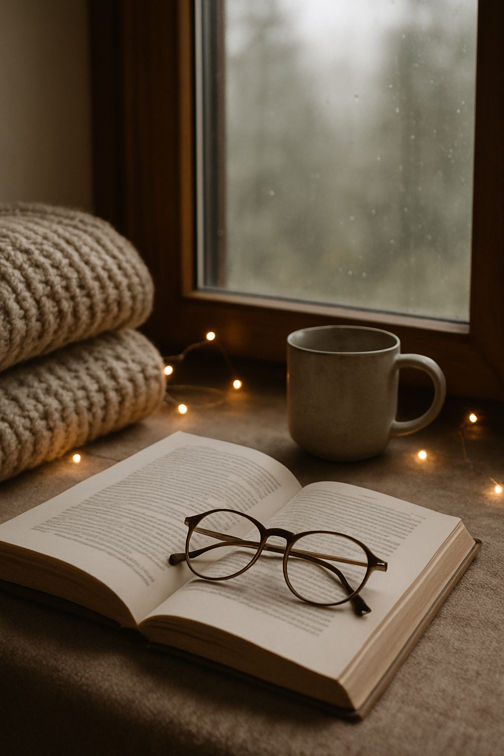 Cozy reading nook with open book, knit blanket, glasses, warm lights, and a coffee mug by a softly lit window