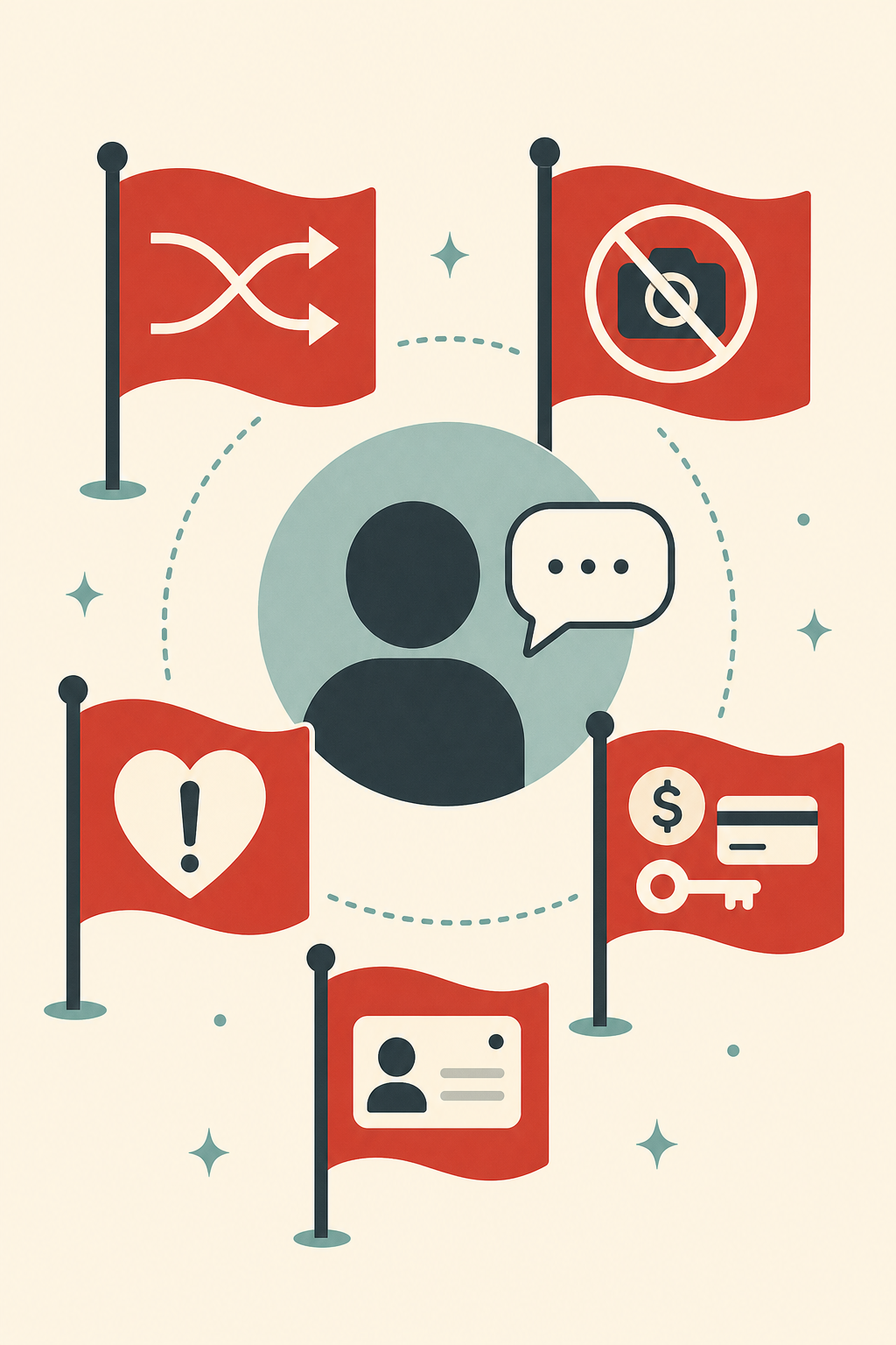 Icon illustration of five red flags around an online profile and chat bubble